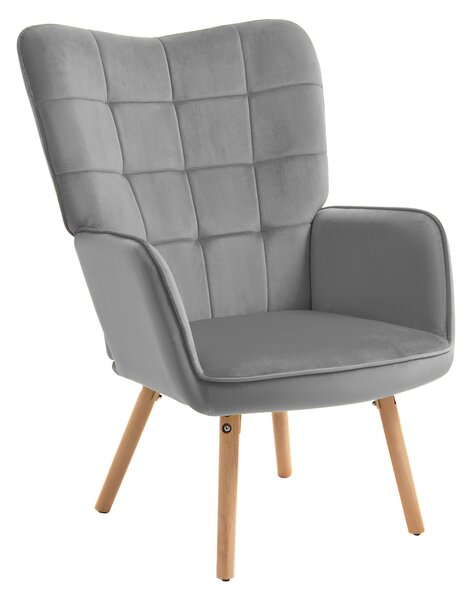HOMCOM Modern Accent Chair Velvet-Touch Tufted Wingback Armchair Upholstered Leisure Lounge Sofa Club Chair with Wood Legs, Grey