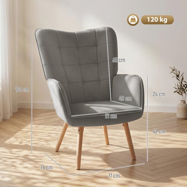 HOMCOM Modern Accent Chair Velvet-Touch Tufted Wingback Armchair Upholstered Leisure Lounge Sofa Club Chair with Wood Legs, Grey