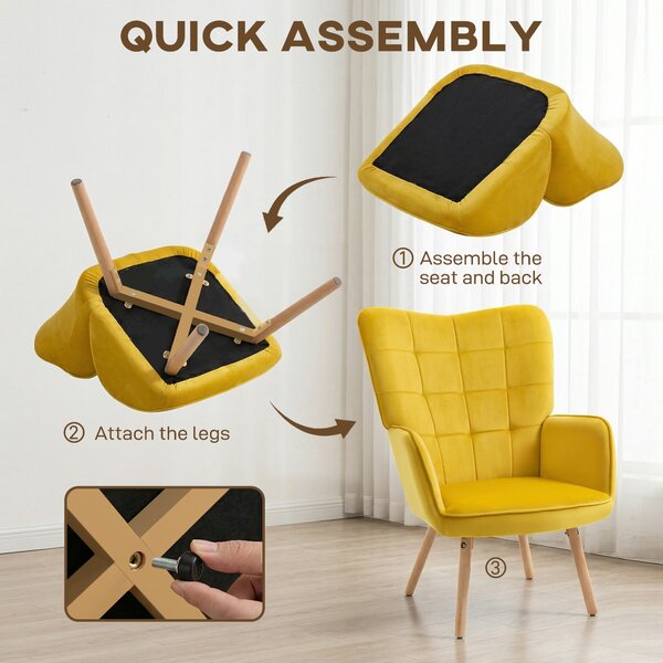 Modern Accent Chair HOMCOM Velvet-Touch Tufted Wingback Armchair Upholstered Leisure Lounge Sofa Club Chair with Wood Legs, Yellow Aosom UK
