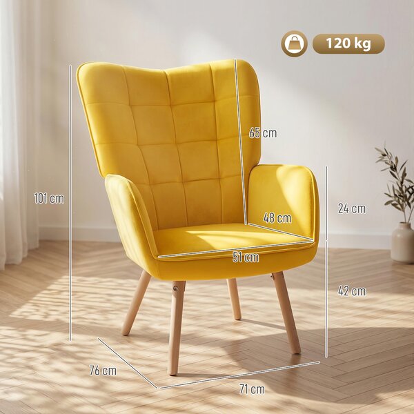 Modern Accent Chair HOMCOM Velvet-Touch Tufted Wingback Armchair Upholstered Leisure Lounge Sofa Club Chair with Wood Legs, Yellow Aosom UK
