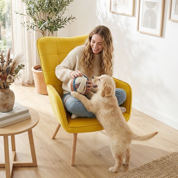 Modern Accent Chair HOMCOM Velvet-Touch Tufted Wingback Armchair Upholstered Leisure Lounge Sofa Club Chair with Wood Legs, Yellow Aosom UK