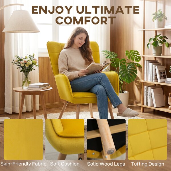 Modern Accent Chair HOMCOM Velvet-Touch Tufted Wingback Armchair Upholstered Leisure Lounge Sofa Club Chair with Wood Legs, Yellow Aosom UK