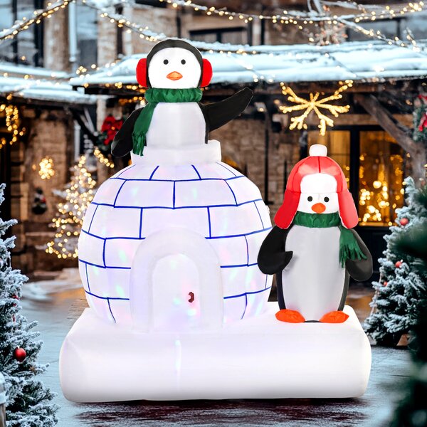 HOMCOM 1.5m Christmas Inflatables, Two Penguins Wearing a Scarf w/ Ice House Blow Up Decor Home Indoors w/ Built-in LED Lights, Garden Aosom UK