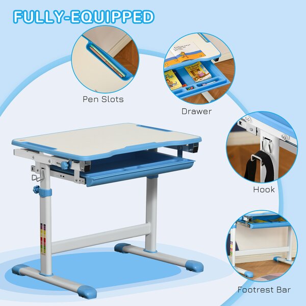 HOMCOM Kids Desk and Chair Set Height Adjustable Student Writing Desk Children Study Table w/ Desktop, Drawer, Pen Slot, Hook Blue Aosom UK