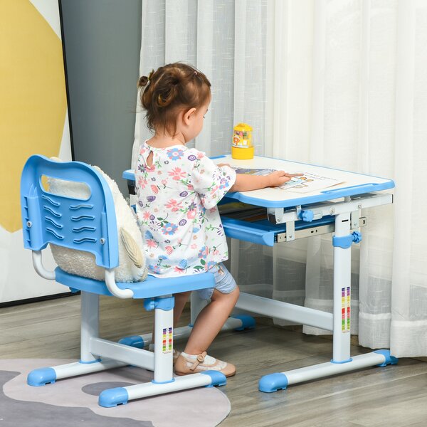 HOMCOM Kids Desk and Chair Set Height Adjustable Student Writing Desk Children Study Table w/ Desktop, Drawer, Pen Slot, Hook Blue Aosom UK
