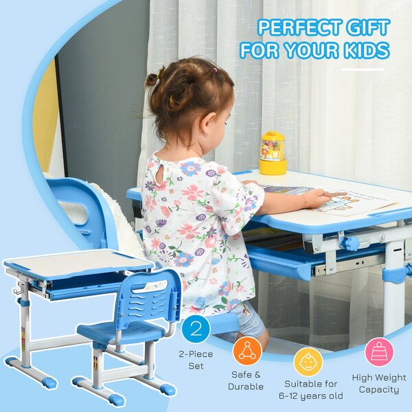 HOMCOM Kids Desk and Chair Set Height Adjustable Student Writing Desk Children Study Table w/ Desktop, Drawer, Pen Slot, Hook Blue Aosom UK