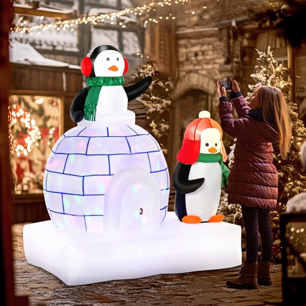 HOMCOM 1.5m Christmas Inflatables, Two Penguins Wearing a Scarf w/ Ice House Blow Up Decor Home Indoors w/ Built-in LED Lights, Garden Aosom UK