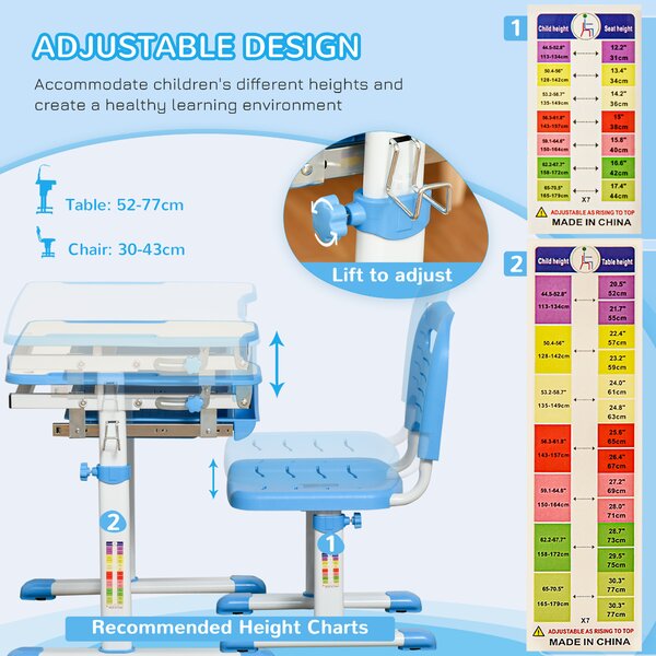 HOMCOM Kids Desk and Chair Set Height Adjustable Student Writing Desk Children Study Table w/ Desktop, Drawer, Pen Slot, Hook Blue Aosom UK