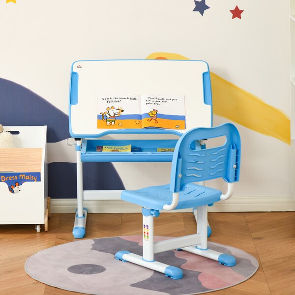HOMCOM Kids Desk and Chair Set Height Adjustable Student Writing Desk Children Study Table w/ Desktop, Drawer, Pen Slot, Hook Blue Aosom UK