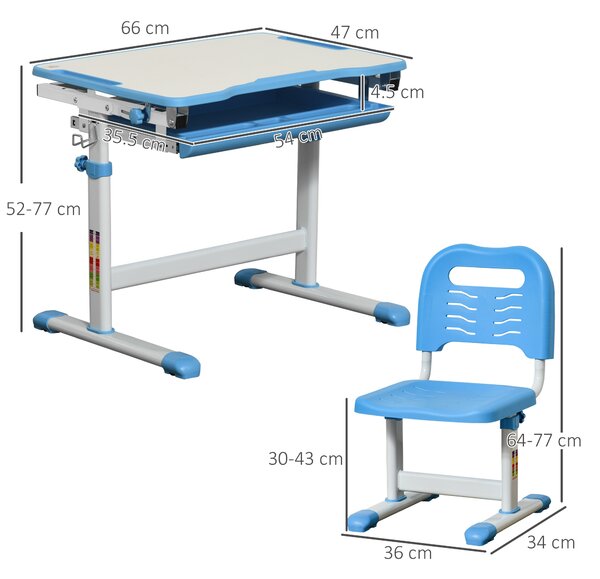 HOMCOM Kids Desk and Chair Set Height Adjustable Student Writing Desk Children Study Table w/ Desktop, Drawer, Pen Slot, Hook Blue Aosom UK