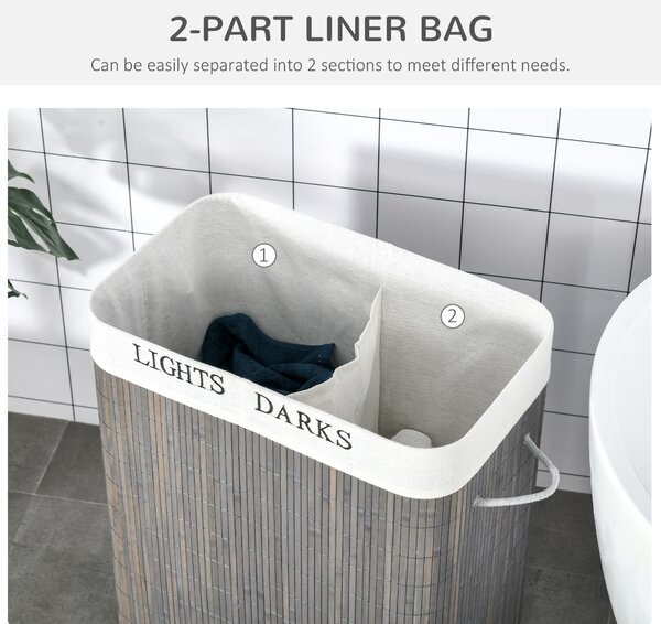 HOMCOM 100L Laundry Basket w/ Flip Lid String Handles, 2 Section Collapsible Hamper Removable Lining Water-Resistant Dirty Clothes Storage Aosom UK