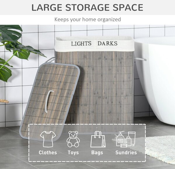 HOMCOM 100L Laundry Basket w/ Flip Lid String Handles, 2 Section Collapsible Hamper Removable Lining Water-Resistant Dirty Clothes Storage Aosom UK