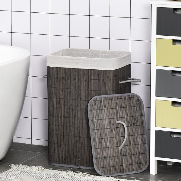 HOMCOM Collapsible Laundry Caddy: Flip-Lid Hamper with Removable Liner, String Handles, Water-Resistant, Foldable, Grey Aosom UK