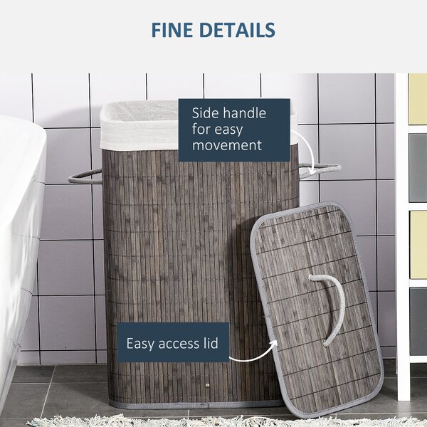 HOMCOM Collapsible Laundry Caddy: Flip-Lid Hamper with Removable Liner, String Handles, Water-Resistant, Foldable, Grey Aosom UK