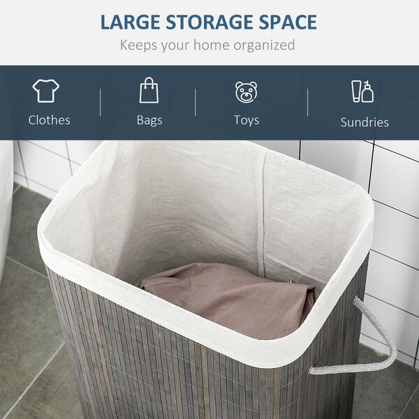 HOMCOM Collapsible Laundry Caddy: Flip-Lid Hamper with Removable Liner, String Handles, Water-Resistant, Foldable, Grey Aosom UK