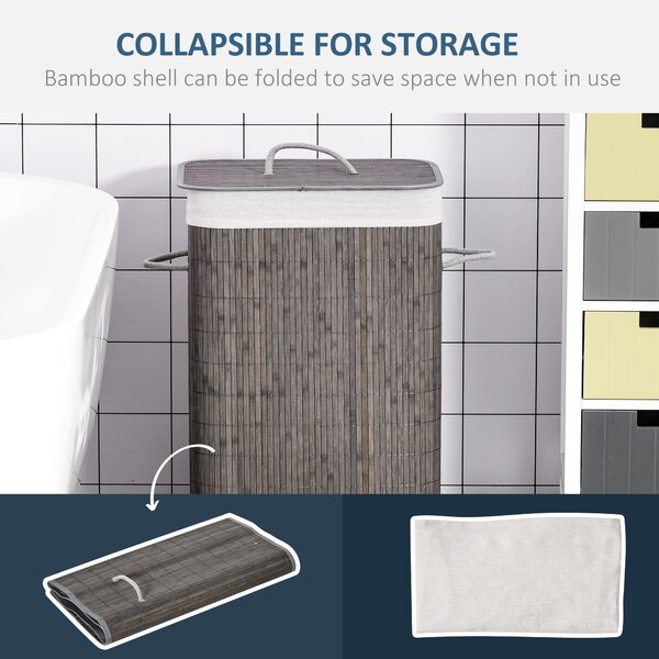 HOMCOM Collapsible Laundry Caddy: Flip-Lid Hamper with Removable Liner, String Handles, Water-Resistant, Foldable, Grey Aosom UK