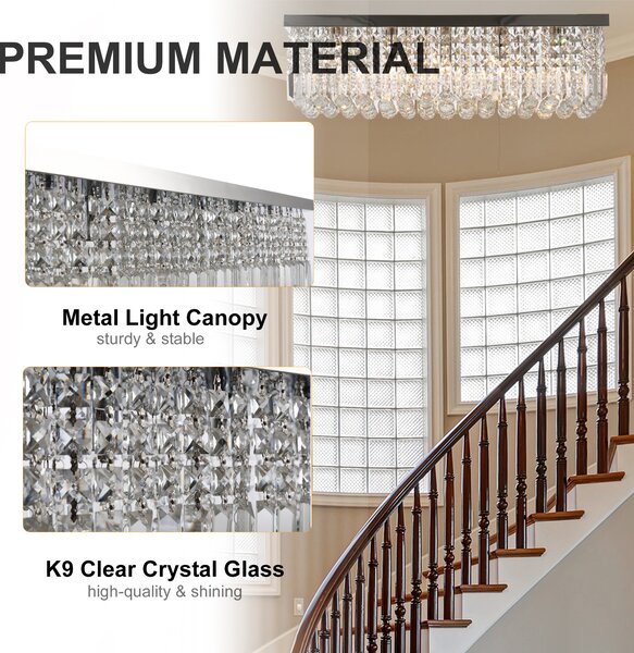 HOMCOM Modern Crystal Ceiling Light Square Crystal Chandelier for Living Room, Dining Room, Hall, E14 Base, Silver, 80 x 25 x 23cm Aosom UK