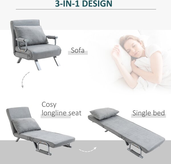 HOMCOM 2-In-1 Design Single Sofa Bed Sleeper, Foldable Armchair Bed Lounge Couch w/ Pillow, Light Grey