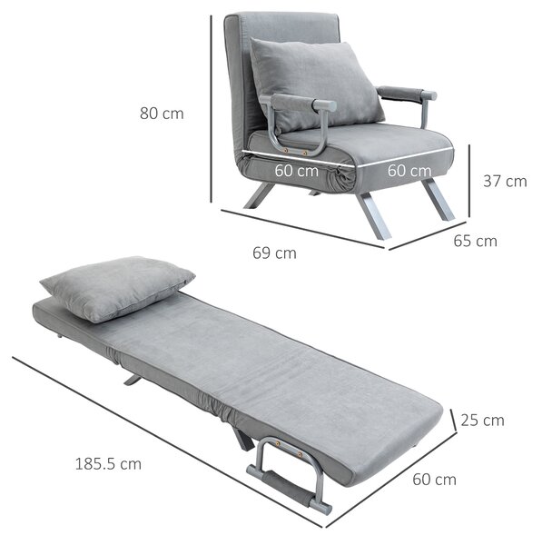 HOMCOM 2-In-1 Design Single Sofa Bed Sleeper, Foldable Armchair Bed Lounge Couch w/ Pillow, Light Grey