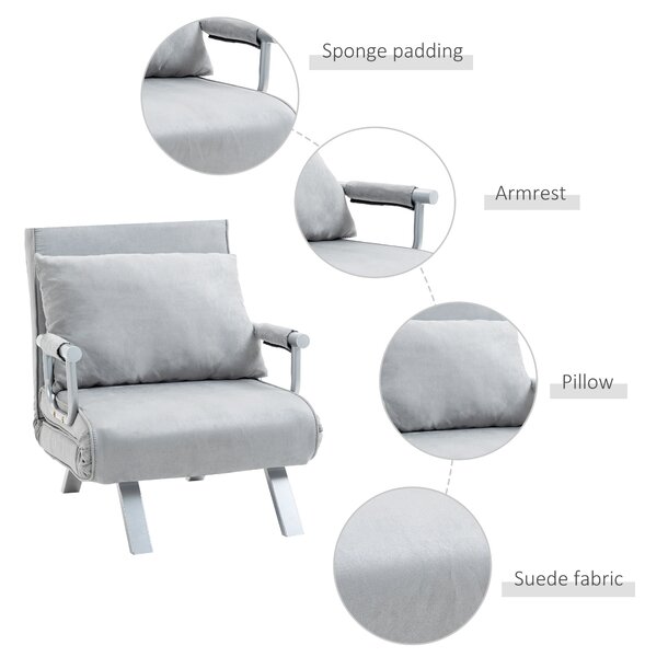 HOMCOM 2-In-1 Design Single Sofa Bed Sleeper, Foldable Armchair Bed Lounge Couch w/ Pillow, Light Grey