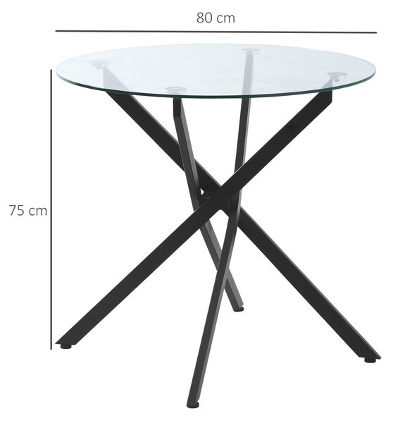 HOMCOM Side Table with Clear Tempered Glass Top, Round Table with Metal Legs, Modern Dining Table Furniture for Dining Living Room, Black Aosom UK