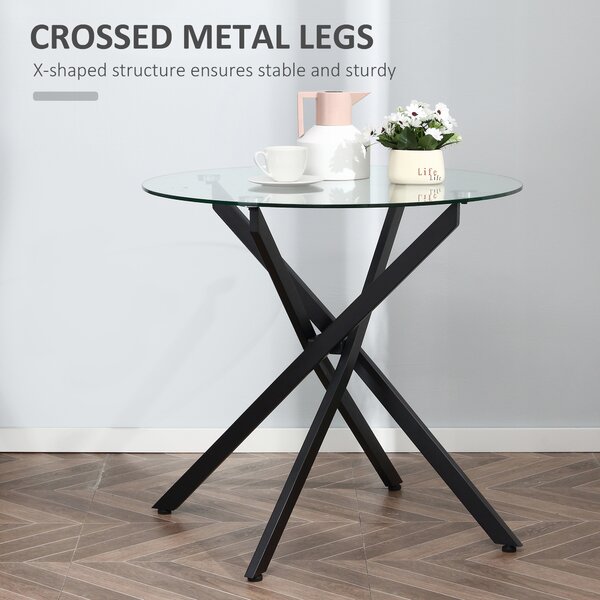 HOMCOM Side Table with Clear Tempered Glass Top, Round Table with Metal Legs, Modern Dining Table Furniture for Dining Living Room, Black Aosom UK