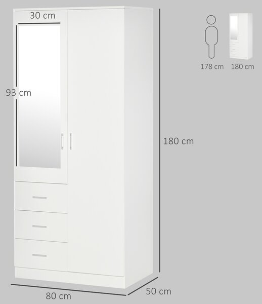 HOMCOM Mirror Wardrobe with 2 Doors, Adjustable Shelf, 3 Drawers, Home Storage, 80W x 50D x 180H cm, White