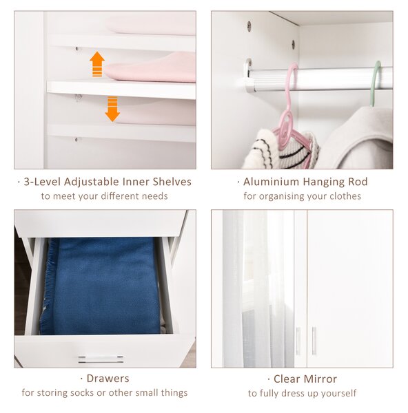 HOMCOM Mirror Wardrobe with 2 Doors, Adjustable Shelf, 3 Drawers, Home Storage, 80W x 50D x 180H cm, White