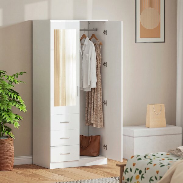 HOMCOM Mirror Wardrobe with 2 Doors, Adjustable Shelf, 3 Drawers, Home Storage, 80W x 50D x 180H cm, White