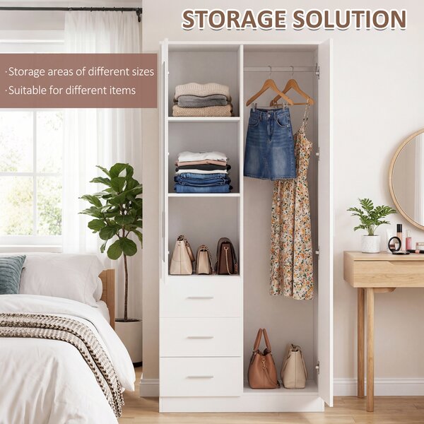 HOMCOM Mirror Wardrobe with 2 Doors, Adjustable Shelf, 3 Drawers, Home Storage, 80W x 50D x 180H cm, White