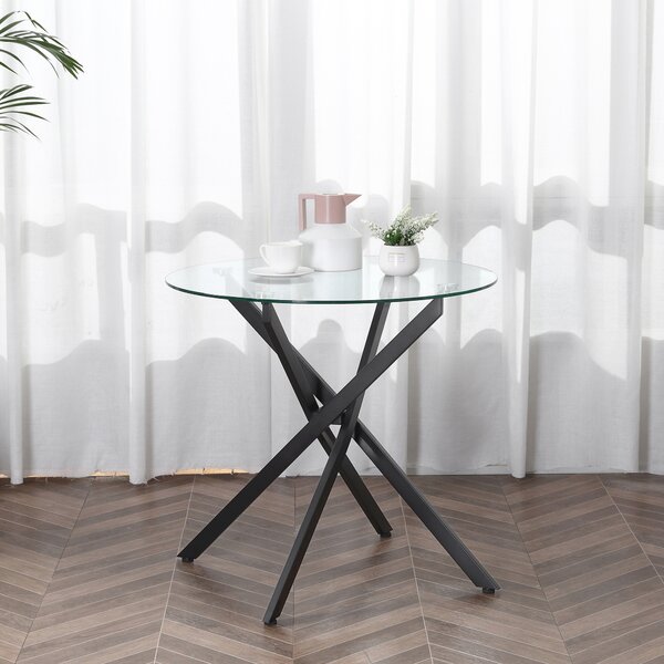HOMCOM Side Table with Clear Tempered Glass Top, Round Table with Metal Legs, Modern Dining Table Furniture for Dining Living Room, Black Aosom UK