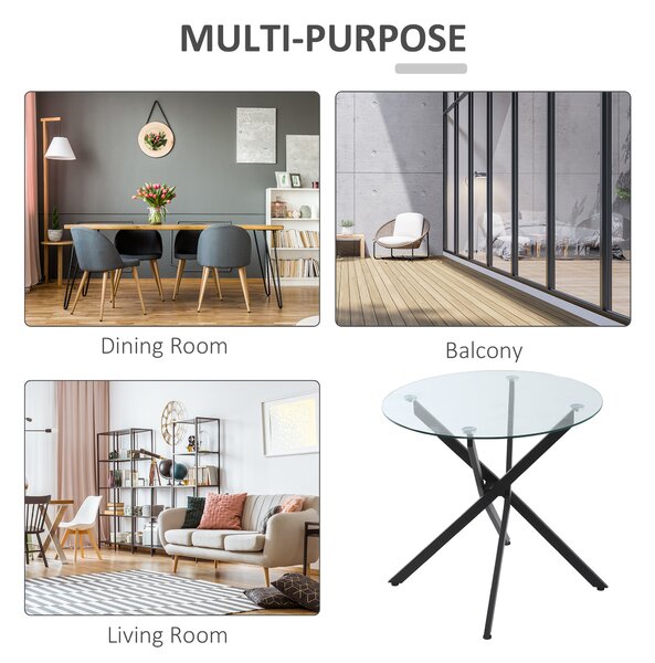 HOMCOM Side Table with Clear Tempered Glass Top, Round Table with Metal Legs, Modern Dining Table Furniture for Dining Living Room, Black Aosom UK