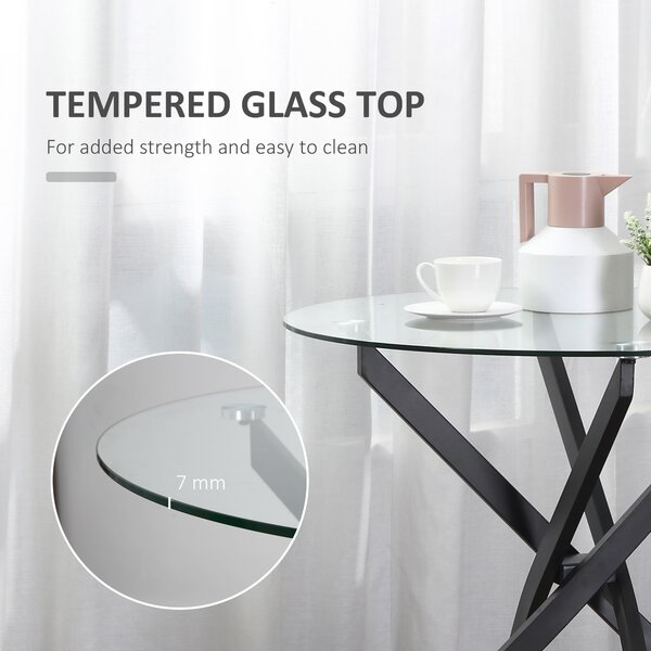 HOMCOM Side Table with Clear Tempered Glass Top, Round Table with Metal Legs, Modern Dining Table Furniture for Dining Living Room, Black Aosom UK