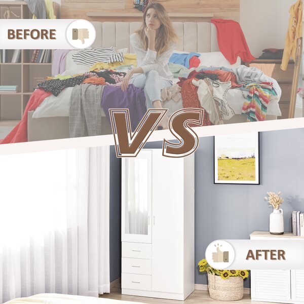 HOMCOM Mirror Wardrobe with 2 Doors, Adjustable Shelf, 3 Drawers, Home Storage, 80W x 50D x 180H cm, White