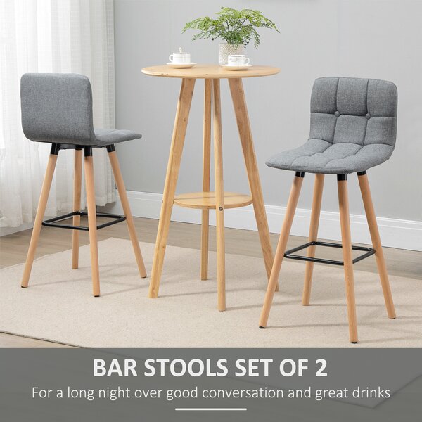 HOMCOM Bar Chair Set of 2 Armless Button-Tufted Counter Height Bar Chairs with Wood Legs & Footrest, Cat Scratch Anti, Grey Aosom UK