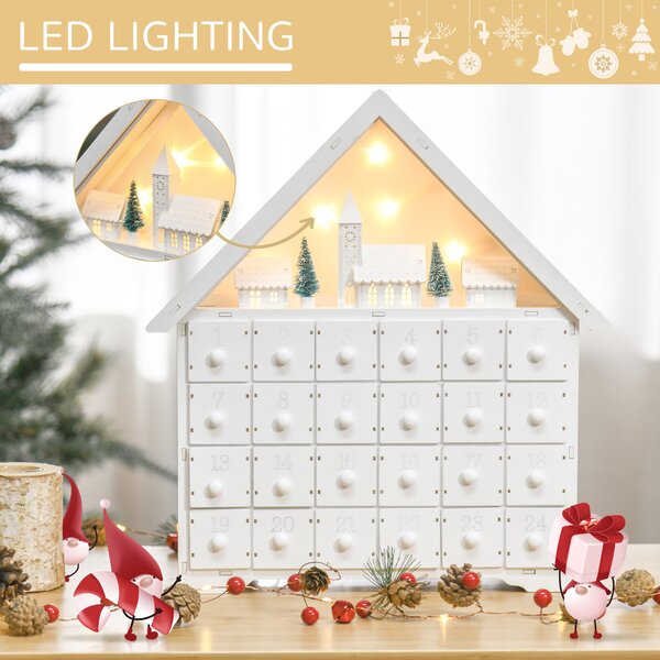 HOMCOM Christmas Advent Calendar, Light Up Table Xmas Wooden House Holiday Decoration with Countdown Drawer, Village, White Aosom UK
