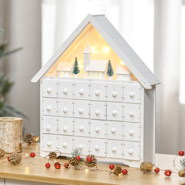 HOMCOM Christmas Advent Calendar, Light Up Table Xmas Wooden House Holiday Decoration with Countdown Drawer, Village, White Aosom UK