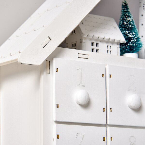 HOMCOM Christmas Advent Calendar, Light Up Table Xmas Wooden House Holiday Decoration with Countdown Drawer, Village, White Aosom UK