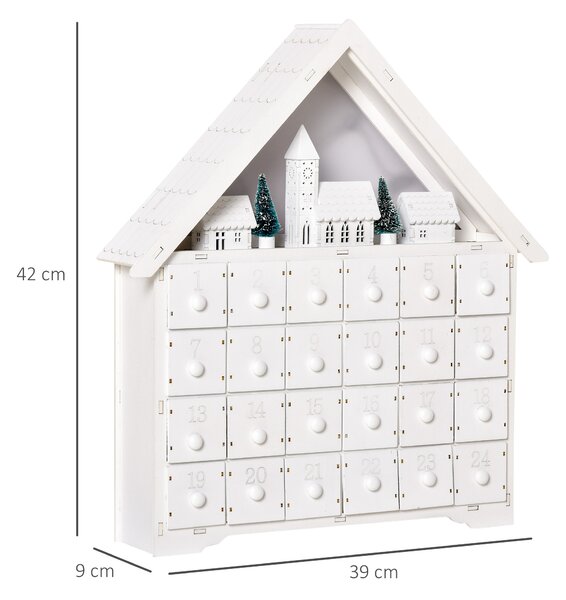 HOMCOM Christmas Advent Calendar, Light Up Table Xmas Wooden House Holiday Decoration with Countdown Drawer, Village, White Aosom UK