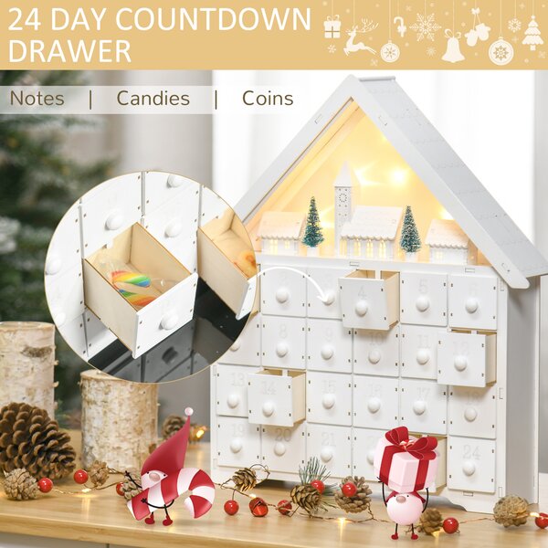 HOMCOM Christmas Advent Calendar, Light Up Table Xmas Wooden House Holiday Decoration with Countdown Drawer, Village, White Aosom UK