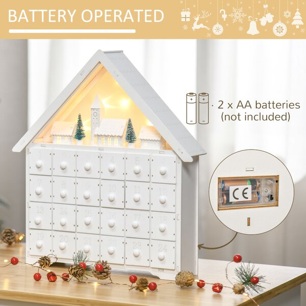 HOMCOM Christmas Advent Calendar, Light Up Table Xmas Wooden House Holiday Decoration with Countdown Drawer, Village, White Aosom UK