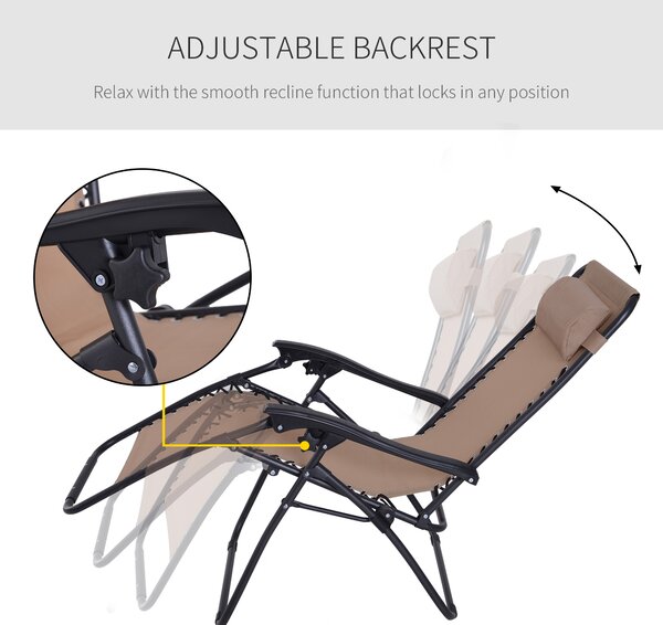 Outsunny Zero Gravity Chair Set of 2, Metal Frame Texteline Armchair Outdoor Folding and Reclining Sun Lounger with Head Pillow for Patio Decking Gardens Camping, Beige