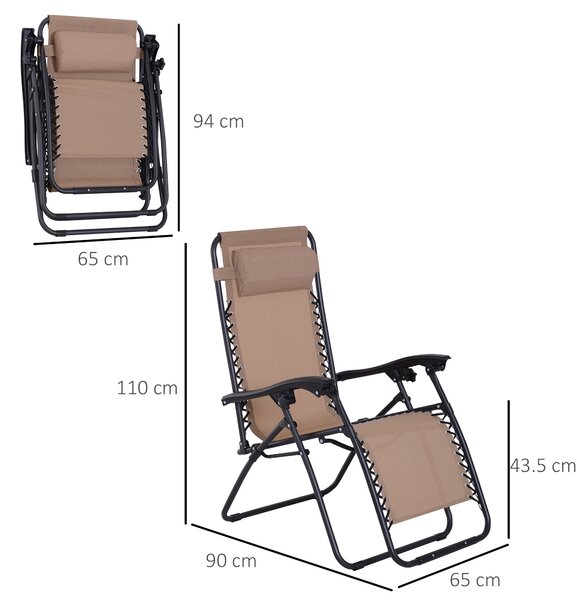Outsunny Zero Gravity Chair Set of 2, Metal Frame Texteline Armchair Outdoor Folding and Reclining Sun Lounger with Head Pillow for Patio Decking Gardens Camping, Beige