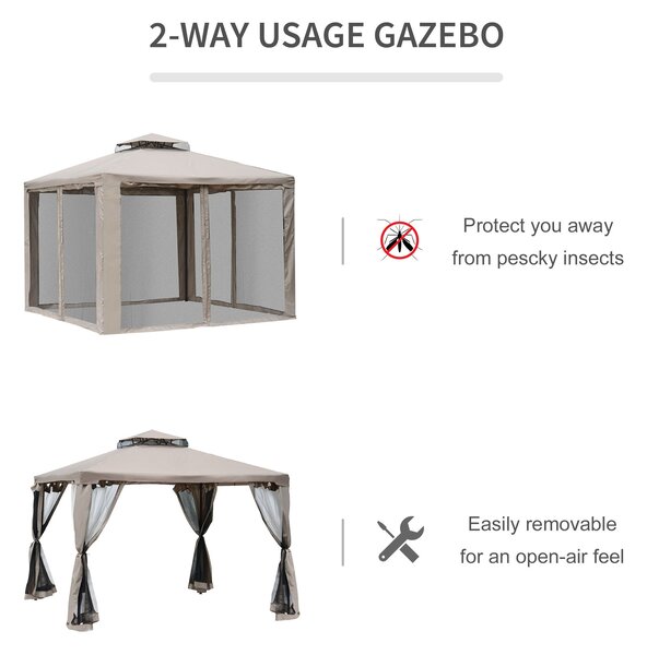 Outsunny 3x3m Outdoor Garden Gazebo Tent, Ventilated 2-Tier Roof Patio Canopy Event Shelter with Mesh Netting, Taupe Aosom UK
