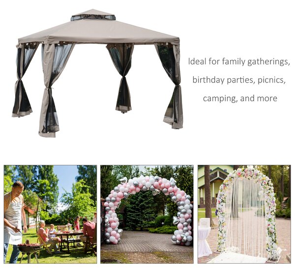 Outsunny 3x3m Outdoor Garden Gazebo Tent, Ventilated 2-Tier Roof Patio Canopy Event Shelter with Mesh Netting, Taupe Aosom UK