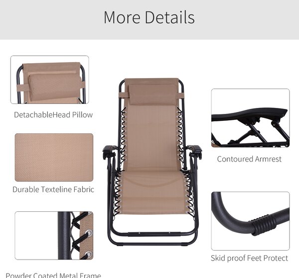 Outsunny Zero Gravity Chair Set of 2, Metal Frame Texteline Armchair Outdoor Folding and Reclining Sun Lounger with Head Pillow for Patio Decking Gardens Camping, Beige