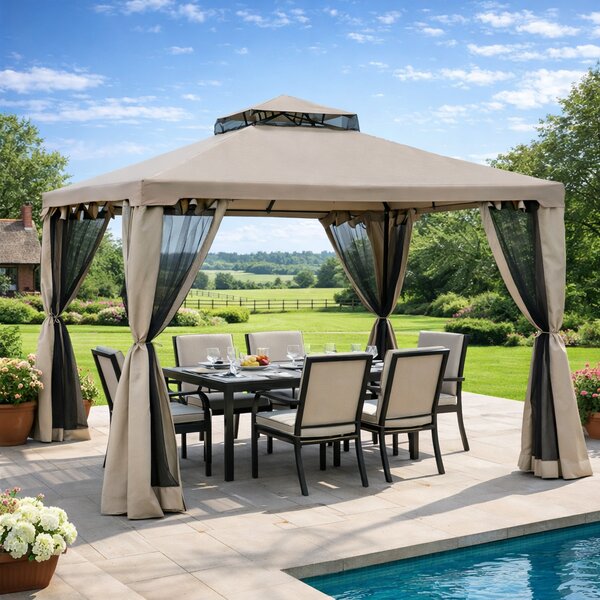 Outsunny 3x3m Outdoor Garden Gazebo Tent, Ventilated 2-Tier Roof Patio Canopy Event Shelter with Mesh Netting, Taupe Aosom UK