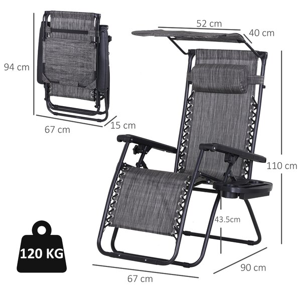 Outsunny Zero Gravity Chair, Folding Deck Chair with Cup Holder and Sunshade, Reclining Patio Sun Lounger, Grey Aosom UK