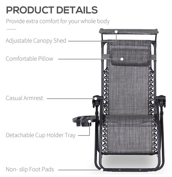 Outsunny Zero Gravity Chair, Folding Deck Chair with Cup Holder and Sunshade, Reclining Patio Sun Lounger, Grey Aosom UK