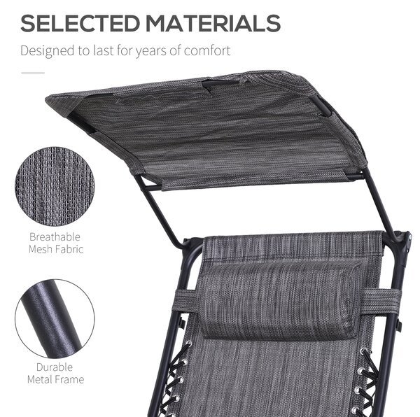 Outsunny Zero Gravity Chair, Folding Deck Chair with Cup Holder and Sunshade, Reclining Patio Sun Lounger, Grey Aosom UK
